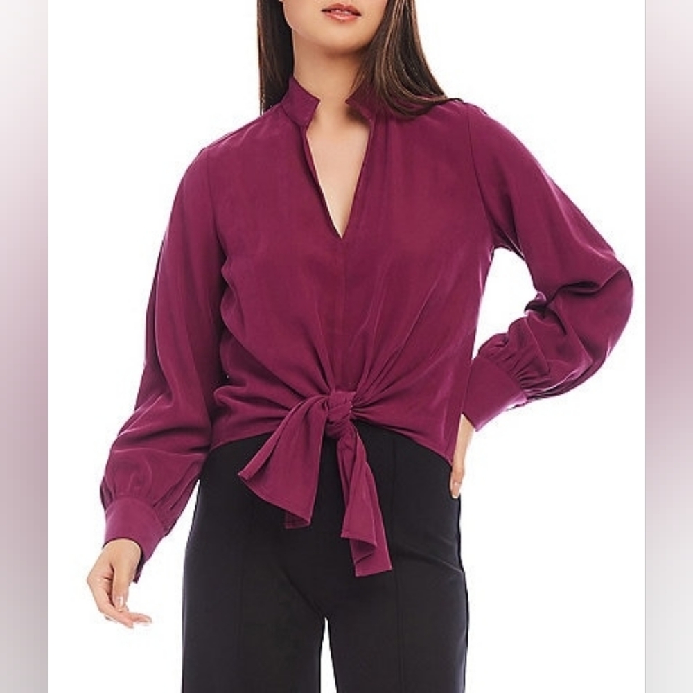 Karen Kane Regal Gal Twill  Tie-Front Blouse Wine New Small